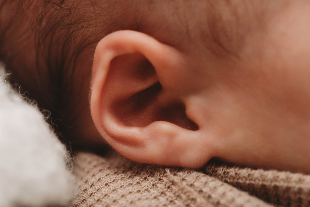 Close-up photo of a newborn baby’s ears in a posed studio setup, Cape Town photographer