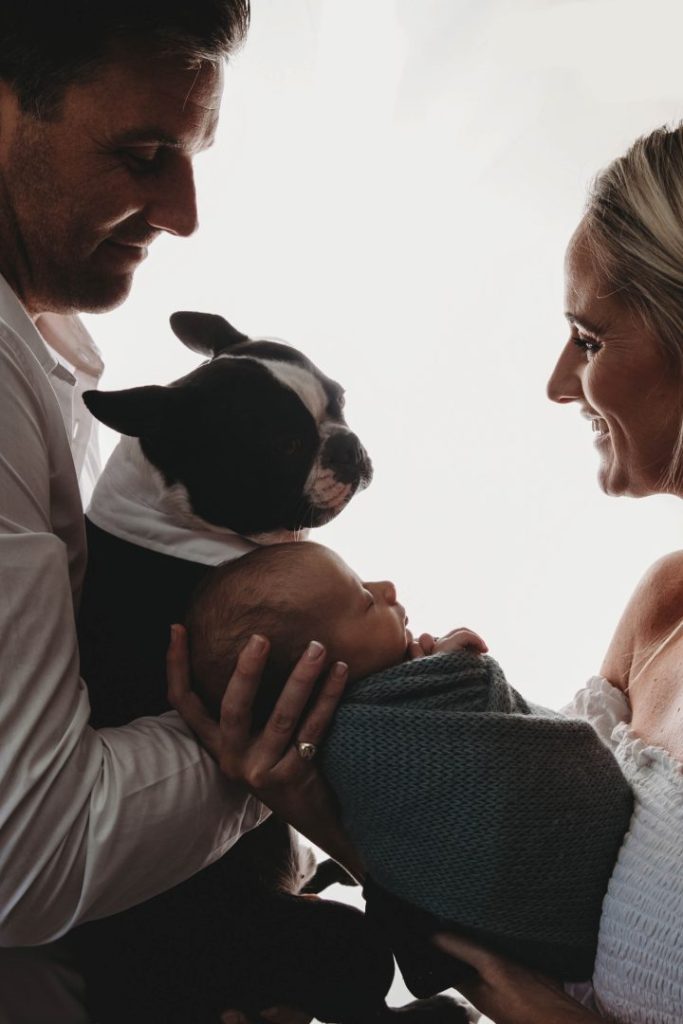 Studio portrait of a newborn baby held by parents with their dog silouette cape town